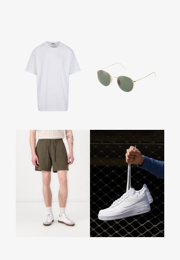 Valge puuvillane t-särk lühikeste varrukatega, ümmarguse kaelusega, lõdva lõikega ja ilma nähtavate logodeta või mustriteta. Sile tekstuur ja minimaalne disain.; Oliivroheline lühike püksid, millel on elastne vöökoht ja pael, küljetaskud ja sirge lõige, valmistatud kerge kangaga.; Valged nahast tennisetossud, millel on perforatsioonid, ümar nina, lame tallus ja paksud nöörid, nähtava swooshi logoga ja "AIR" kontsadel.; Kuldne metallraamiga prillid roheliste läätsedega, ümmargune kuju, peened käepidemed ja valged plastaktsendid käeotstes.