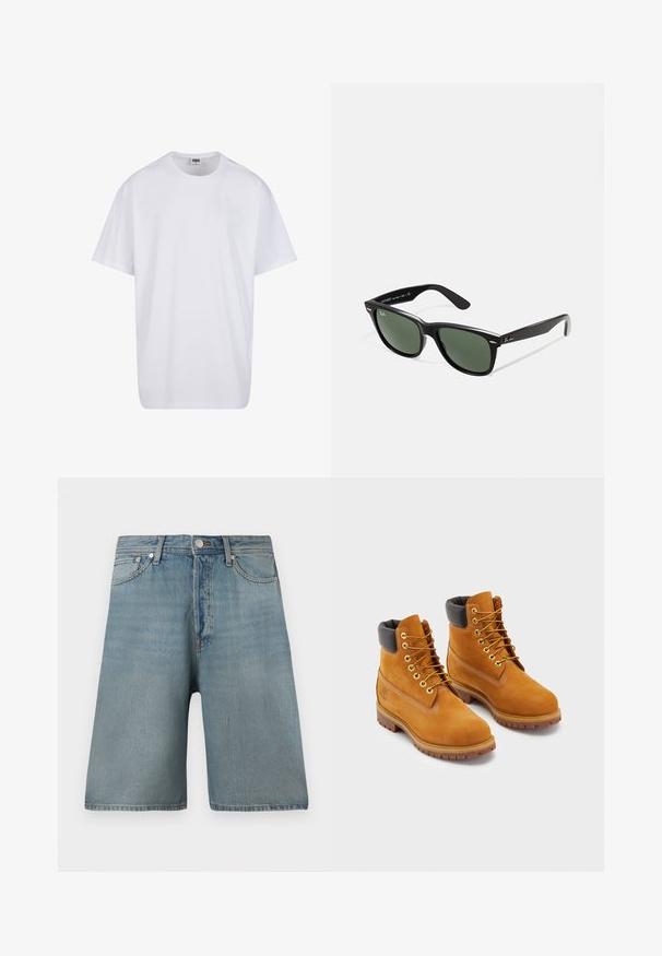 Camiseta blanca de algodón con mangas cortas, cuello redondo, corte relajado y sin logotipos ni patrones visibles. Textura suave y diseño minimalista.; Shorts de denim azul claro con un ajuste holgado, cinco bolsillos y un cierre de botón tradicional, con parches desgastados para un aspecto usado.; Botas de trabajo de cuero en color marrón con cuello acolchado negro, ojales dorados y suelas de goma marrón. Presentan costuras en contraste y un logo en el costado.; Gafas de sol de plástico negro con lentes verdes, montura cuadrada, acento plateado en la ceja y brazos texturizados. Marca indicada en el brazo interno.