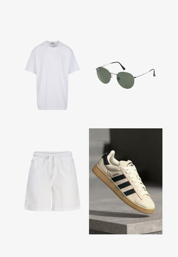 T-shirt en coton blanc avec des manches courtes, un col rond, une coupe décontractée et sans logos ni motifs visibles. Texture lisse et design minimaliste.; Shorts en coton blancs avec une taille élastique et un cordon de serrage. Présentent une coupe décontractée et des poches latérales.; Baskets en daim beige avec trois rayures bleu foncé, lacets blancs et semelle en caoutchouc beige. Présente un logo sur la languette et le texte "CAMPUS".; Lunettes de soleil en métal avec des verres ovales verts. Monture en métal argenté mince et embouts d'oreille noirs. Design minimaliste, sans logos visibles.