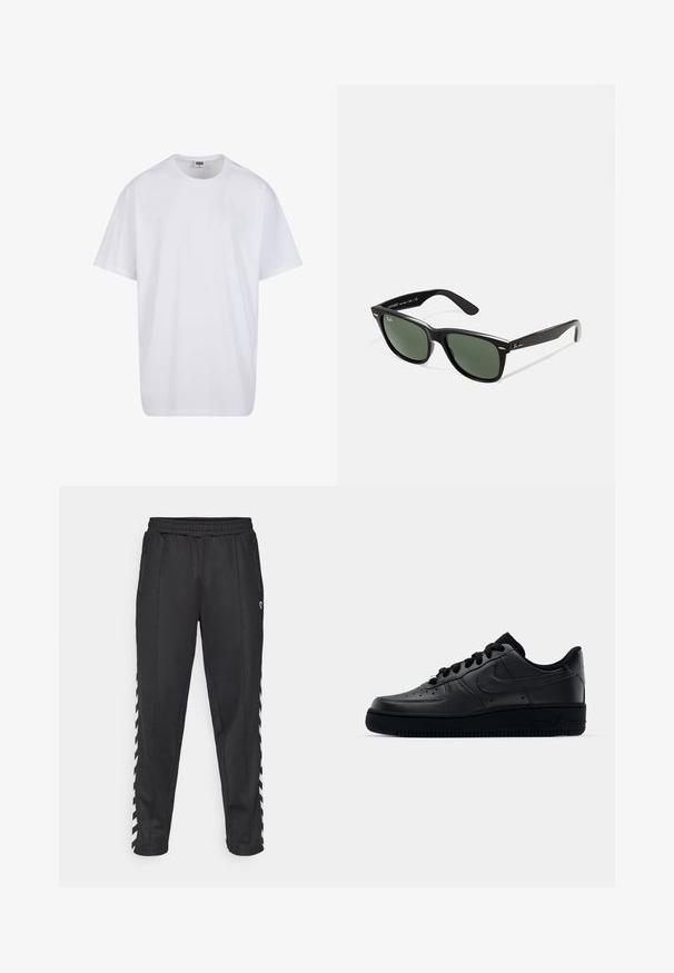 Bílé triko z bavlny s krátkým rukávem, kulatým výstřihem, volným střihem a bez viditelných log či vzorů. Hladká textura a minimalistický design.; Černé sportovní kalhoty s elastickým pasem, se zapínáním na zip po stranách a bílými cik-cak akcenty po stranách. Hladký povrch.; Černé tenisky Nike Air Force 1 s hladkým koženým svrškem, perforovanou špičkou pro prodyšnost, černými tkaničkami a texturovanou gumovou podešví.; Černé plastové sluneční brýle se zelenými skly, čtvercové obroučky, stříbrný detail na obočí a texturované stranice. Značka uvedená na vnitřní straně stranic.