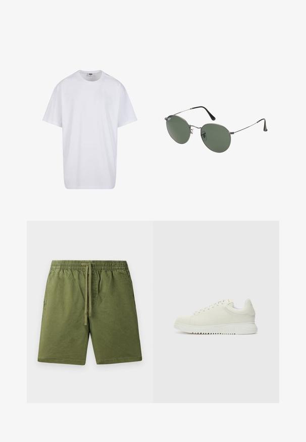 Maglietta bianca in cotone con maniche corte, scollatura rotonda, vestibilità comoda e senza loghi o motivi visibili. Texture liscia e design minimale.; Pantaloni corti verde khaki realizzati in cotone morbido, con una vita elastica e un cordoncino, oltre a tasche laterali. Texture liscia, design casual.; Sneaker bianca in pelle con superiore testurizzato, punta arrotondata, suola piatta bianca e lacci tono su tono. Branding discreto sulla linguetta.; Occhiali da sole con montatura in metallo e lenti verdi ovali. Montatura sottile in metallo argento e terminali neri. Design minimalista, senza loghi visibili.