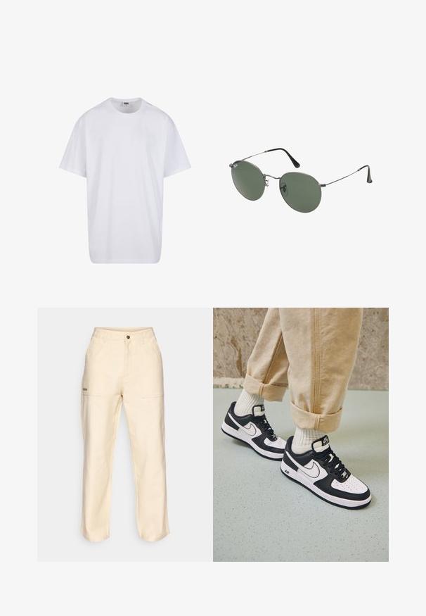 Hvit bomull t-skjorte med korte ermer, rund utringning, avslappet passform, og ingen synlige logoer eller mønstre. Glatt tekstur og minimalistisk design.; Beige høyt liv bukser med frontlommer, beltehemper, knappeåpning, og subtil merkelogo brodert på venstre lomme.; Sorte og hvite Nike Air Force 1-sneakers med skinnoverdel, perforert tå og teksturert såledetalj, brukt med oppbrettede beige bukser og hvite sokker.; Metallinnrammede solbriller med ovale grønne linser. Tynn sølvfarget metallramme og svarte øreplugger. Minimalistisk design, ingen synlige logoer.