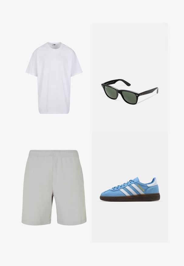 Valge puuvillane t-särk lühikeste varrukatega, ümmarguse kaelusega, lõdva lõikega ja ilma nähtavate logodeta või mustriteta. Sile tekstuur ja minimaalne disain.; Valged hallid lühikesed püksid, mis on valmistatud pehmest puuvillakangast, elastse vöökohtaga. Kujundus on lihtne, õmblustega ääred ja ilma taskuteta.; Heledad sinised sametist tossud valgete nahkristidega, pruuni tekstureeritud tallaga ja kuldse logo detailiga. Madal disain lõpus ümarate varvastega.; Mustad mustan plastiku prillid roheliste läätsedega, ruudukujulised raamid, hõbedane aksent kulmude peal ja tekstuuriga tempelkäed. Brändi nimi on märgitud sisevarrele.