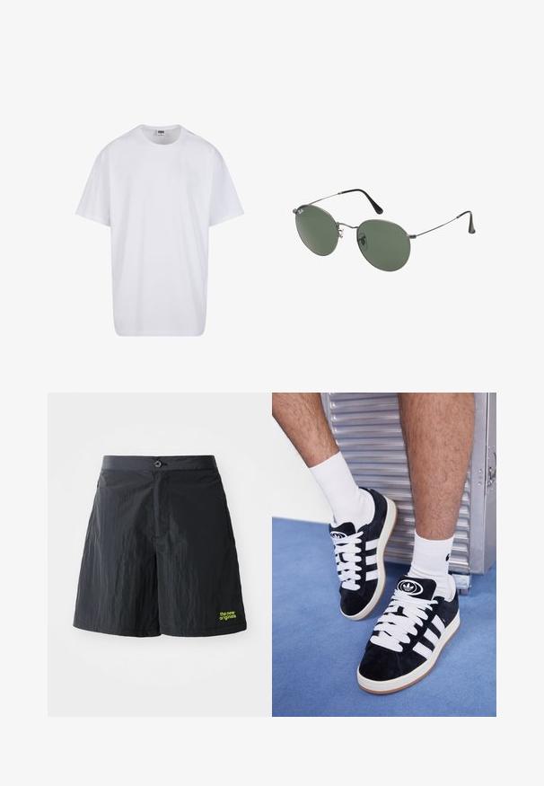 Fehér pamut póló rövid ujjal, kerek nyakú, laza szabású, és nincsenek látható logók vagy minták. Simább textúra és minimalista dizájn.; The New Originals RUNNING - Rövidnadrágok - black; Fekete velúr sportcipők fehér fűzőkkel és három fehér csíkkal. A nyelvén egy kör alakú fekete logó található, valamint egy gumis talp.; Fémkeretes napszemüveg ovális zöld lencsékkel. Vékony ezüst színű fémkeret és fekete fülrész. Minimalista dizájn, látható logók nélkül.