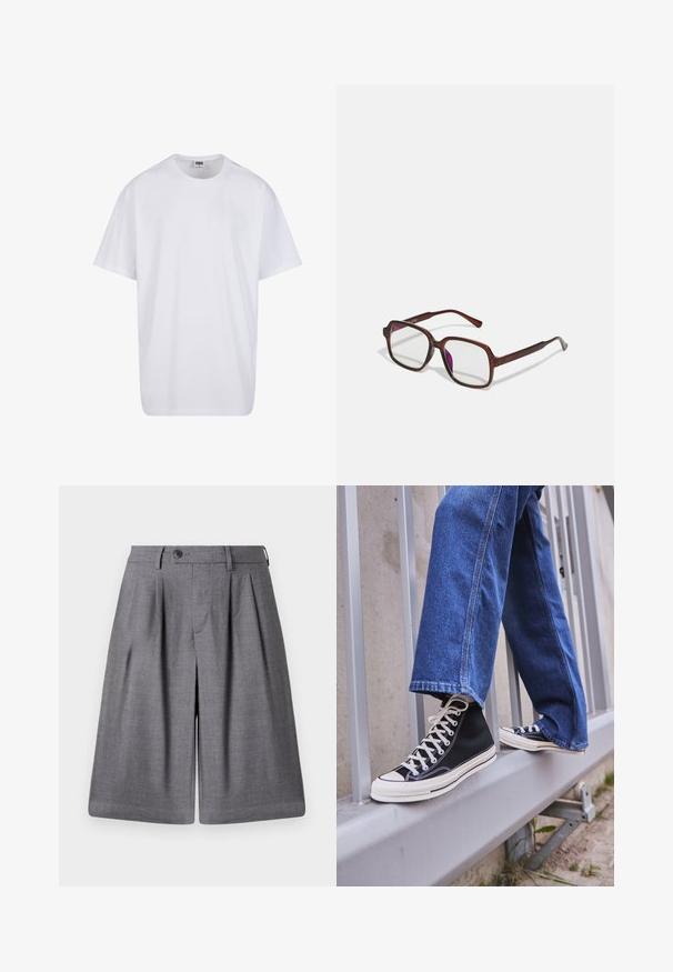 Maglietta bianca in cotone con maniche corte, scollatura rotonda, vestibilità comoda e senza loghi o motivi visibili. Texture liscia e design minimale.; Pantaloni corti grigi su misura realizzati in tessuto liscio, con pieghe, chiusura a bottone e una vita rigida per una vestibilità strutturata.; Scarpe da ginnastica nere alte con suola e lacci bianchi, abbinate a jeans di denim blu larghi, appoggiate su un parapetto grigio.; Occhiali rettangolari marroni con lenti trasparenti e tonalità viola. Montatura in plastica liscia con stanghette dritte e accenti sottili.