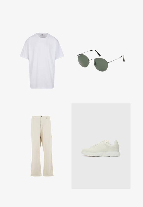 Maglietta bianca in cotone con maniche corte, scollatura rotonda, vestibilità comoda e senza loghi o motivi visibili. Texture liscia e design minimale.; Pantaloni beige a gamba larga realizzati in tessuto misto cotone con chiusura a bottone. Presentano tasche laterali e una texture sottile. Dettagli delle cuciture visibili.; Sneaker bianca in pelle con superiore testurizzato, punta arrotondata, suola piatta bianca e lacci tono su tono. Branding discreto sulla linguetta.; Occhiali da sole con montatura in metallo e lenti verdi ovali. Montatura sottile in metallo argento e terminali neri. Design minimalista, senza loghi visibili.