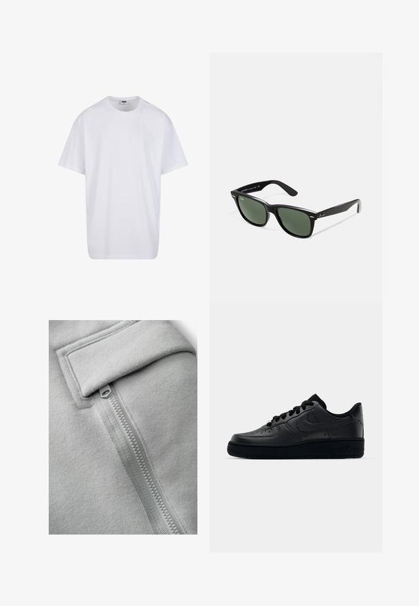 T-shirt en coton blanc avec des manches courtes, un col rond, une coupe décontractée et sans logos ni motifs visibles. Texture lisse et design minimaliste.; Next UTILITY JOGGERS- REGULAR FIT - Pantalon cargo - light grey; Baskets Nike Air Force 1 noires avec un dessus en cuir lisse, bout perforé pour la respirabilité, lacets noirs et semelle en caoutchouc texturé.; Lunettes de soleil en plastique noir avec verres verts, monture carrée, accent argenté sur le sourcil et branches texturées. Marque indiquée sur l'intérieur de la branche.