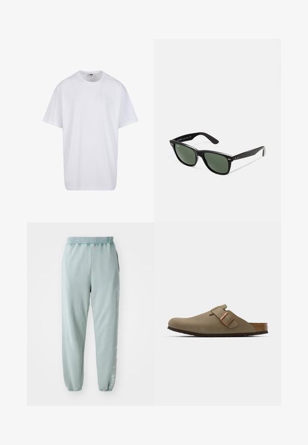Fehér pamut póló rövid ujjal, kerek nyakú, laza szabású, és nincsenek látható logók vagy minták. Simább textúra és minimalista dizájn.; Világoszöld pamut tréningnadrág, puha anyagból, rugalmas derékkal, oldalsó zsebekkel és diszkrét grafikával az egyik lábon.; Barna klumpák sima, matt felülettel. Az oldalon egy kiemelkedő bronz csat található. Parafa talpbetét és gumi talp a kényelem érdekében.; Fekete műanyag napszemüveg zöld lencsékkel, négyzet alakú kerettel, ezüst díszítéssel a keret felső részén, valamint texturált szárakkal. A márka neve a belső száron található.
