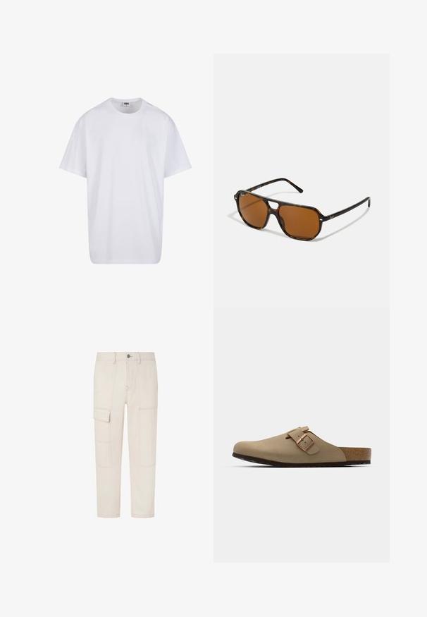 Hvit bomull t-skjorte med korte ermer, rund utringning, avslappet passform, og ingen synlige logoer eller mønstre. Glatt tekstur og minimalistisk design.; Lysebeige cargo-bukser med flere lommer, rett ben-design, synlige sømmer og knappelukking i midjen.; Beige tresko med rund tå, justerbar spenne og korksåle. Teksturert overflate med sort gummisåle for grep.; Skilpaddeskallet solbriller med brune linser, rektangulær form og metalldetaljer på rammen. Slank design med tynne armer.
