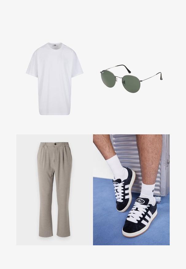 Biela bavlnená tričko s krátkymi rukávmi, okrúhlym výstrihom, uvoľneným strihom a žiadnymi viditeľnými logami alebo vzormi. Hladká textúra a minimálny dizajn.; Svetlošedé nohavice s voľným strihom, vyrobené z mäkkej tkaniny, s elastickým pásom, záhybmi a jedným gombíkom na zapínanie.; Čierne semišové tenisky s bielymi šnúrkami a tromi bielymi pruhmi. Obsahujú kruhové čierne logo na jazyku a gumovú podrážku.; Sunglass s metalovým rámom s oválnymi zelenými šošovkami. Tenký strieborný kovový rám a čierne štuple za uši. Minimalistický dizajn, bez viditeľných log.