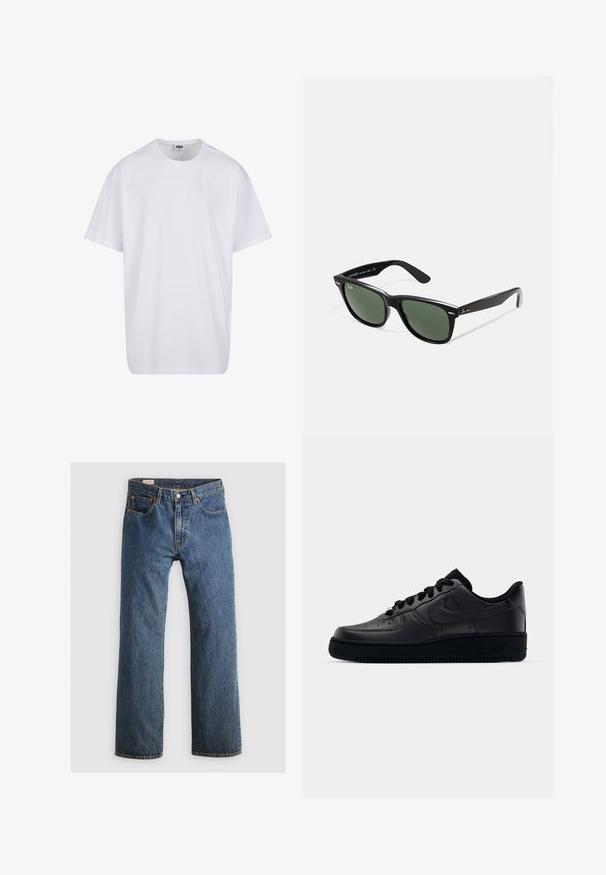 Bijela pamučna majica s kratkim rukavima, zaobljenim izrezom, opuštenog kroja, bez vidljivih logotipa ili uzoraka. Glatka tekstura i minimalni dizajn.; Plave traperice ravnog kroja, sa pet džepova, zatvaranjem na patentni zatvarač i detaljima od narančaste konca. Tkanina ima klasičnu izblijedjelu teksturu.; Crne Nike Air Force 1 tenisice s glatkim gornjim dijelom od kože, perforiranom prednjom stranom za prozračnost, crnim vezicama i teksturiranim gumiranim potplatom.; Crne plastične sunčane naočale s zelenim staklima, kvadratni okviri, srebrni naglasak na obrvi i teksturirane ručke. Naziv brenda naveden na unutrašnjoj strani ručke.