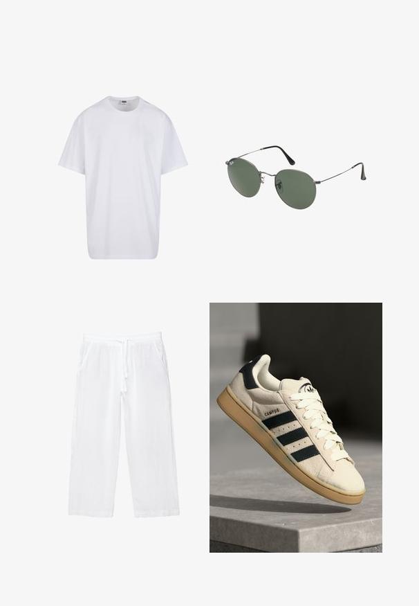 Biała bawełniana koszulka z krótkimi rękawami, okrągłym dekoltem, luźnym krojem i bez widocznych logo lub wzorów. Gładka tekstura i minimalistyczny design.; Białe lniane spodnie 7/8 z elastycznym pasem, sznurkiem do regulacji i dwoma bocznymi kieszeniami. Gładka faktura i lekka konstrukcja zapewniająca wygodę.; Beżowe zamszowe sneakersy z trzema ciemnoniebieskimi paskami, białymi sznurówkami i brązową kauczukową podeszwą. Zawierają logo na języku oraz tekst "CAMPUS".; Okulary przeciwsłoneczne z metalową ramą i owalnymi zielonymi soczewkami. Cienka srebrna metalowa rama i czarne końcówki zauszników. Minimalistyczny design, bez widocznych logo.