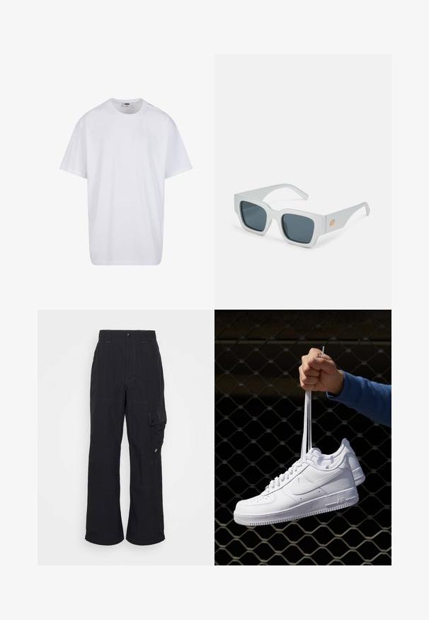 Bela bombažna majica s kratkimi rokavi, okroglim izrezom, sproščenim krojem in brez vidnih logotipov ali vzorcev. Gladka tekstura in minimalen dizajn.; Črne cargo hlače iz teksturirane tkanine, ki imajo široke nogavice, vidno šivanje in stransko žep z gumbom za zapiranje.; Bela usnjena športna obutev s perforacijami, okroglo konico, ravnim podplatom in debelimi vezalkami, z vidnim logotipom smoosh in napisom "AIR" na peti.; Bele sončne očala v obliki kvadrata z temnimi lečami. Debeli okvirji, gladka tekstura in oranžen logotip na strani ročaja. Kotna oblika.; Črn torba na ramo iz gladkega blaga, z dvema zadrgama, oblazinjenimi ročaji in velikim belim logotipom Nike na sprednji strani.