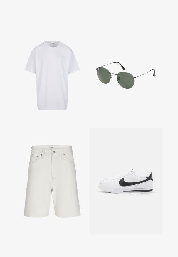 White cotton t-shirt with short sleeves, rounded neckline, relaxed fit, and no visible logos or patterns. Smooth texture and minimal design.; White denim shorts with a straight cut, featuring a zip fly, five pockets, and metal hardware for closure and accents.; White leather sneakers with black Nike swoosh, flat laces, and textured rubber sole. Rounded toe and padded collar for comfort.; Metal-framed sunglasses with oval green lenses. Thin silver metal frame and black ear tips. Minimalist design, no visible logos.