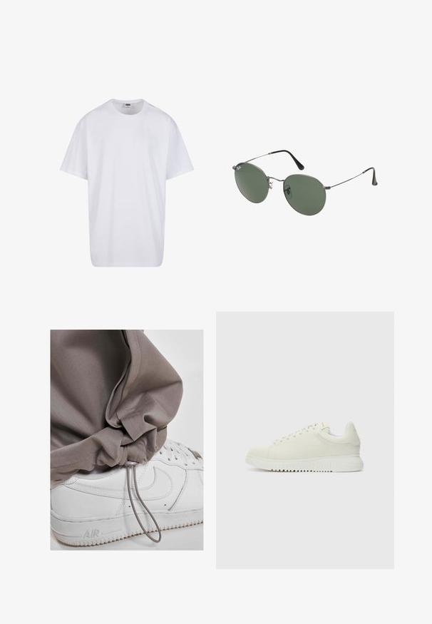 Valge puuvillane t-särk lühikeste varrukatega, ümmarguse kaelusega, lõdva lõikega ja ilma nähtavate logodeta või mustriteta. Sile tekstuur ja minimaalne disain.; Heledhall hallid spordipüksid, millel on nööriga mansetid, koos valgete spordijalatsitega, millel on tekstuuriga tallad ja eristuv logo detail.; Valge nahkne sneaker, millel on tekstureeritud pealmine osa, ümar varvas, lame valge talla ja tooni järgi seotud paelad. Disciple brändimine keelega.; Metallist raamistikuga prillid ovaalsete roheliste läätsedega. Õhuke hõbedane metallraam ja mustad kõrvakatted. Minimalistlik disain, nähtavad logod puuduvad.