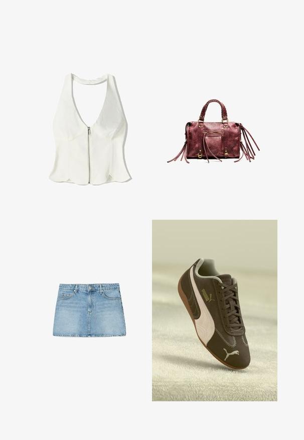 Fehér pánt nélküli felső, mély V-nyakkal, cipzáras elülső záródással és fodros aljjal. Simább textíliából készült, minimális dizájn részletekkel.; Világoskék farmer mini szoknya egyenes szabással, öt zsebes dizájnnal és övhurkokkal. Feslett mosással és tiszta szegéllyel rendelkezik.; Barna Puma sportcipő bézs csíkkal és logóval, fűzős, egy textúrált bézs felületen pihen.; Bordó bőr kézi táska fonott fogantyúkkal, rojtokkal díszítve és arany színű fém kiegészítőkkel. Elöl cipzáras zsebbel és texturált felülettel rendelkezik.