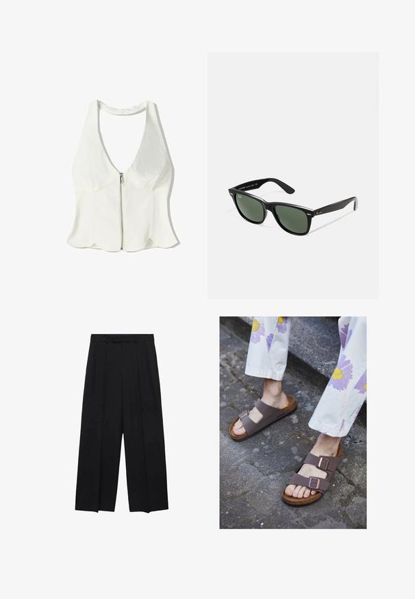 Weißes Haltertop mit tiefem V-Ausschnitt, Reißverschluss vorne und gewelltem Saum. Hergestellt aus einem glatten Textil mit minimalen Designdetails.; Schwarze weit geschnittene Hose mit hoher Taille, Falten und Gürtelschlaufen. Hergestellt aus einem glatten Stoff, mit einer taillierten Silhouette und klaren Linien.; Braune flache Sandalen mit zwei breiten Riemen und Metall-Schnallen; Korksohle; strukturierter Fußbett; getragen mit hellen, Blumendruck-Hosen.; Schwarze Plastiksonnenbrille mit grünen Gläsern, quadratischen Rahmen, silbernem Akzent auf der Augenbraue und strukturierten Bügeln. Angegebene Marke auf dem inneren Bügel.; Schwarze synthetische Handtasche mit geschwungener Form, silberner Kettenriemen, Reißverschlussverschluss und eingeprägtem Markenlogo auf der Vorderseite. Glatte Textur.