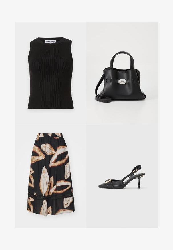 Black ribbed tank top with a crew neckline, featuring a fitted design and subtle texture. Ribbing extends throughout the fabric.; Black skirt with abstract off-white and brown leaf patterns, elastic waistband, and a decorative trim featuring small dots along the hem.; Black leather slingback shoe with pointed toe, slender heel, and gold-tone hardware accent on the vamp. Smooth texture and structured design.; Black leather handbag with a textured finish, featuring two top handles, a detachable shoulder strap, and a silver clasp detail.