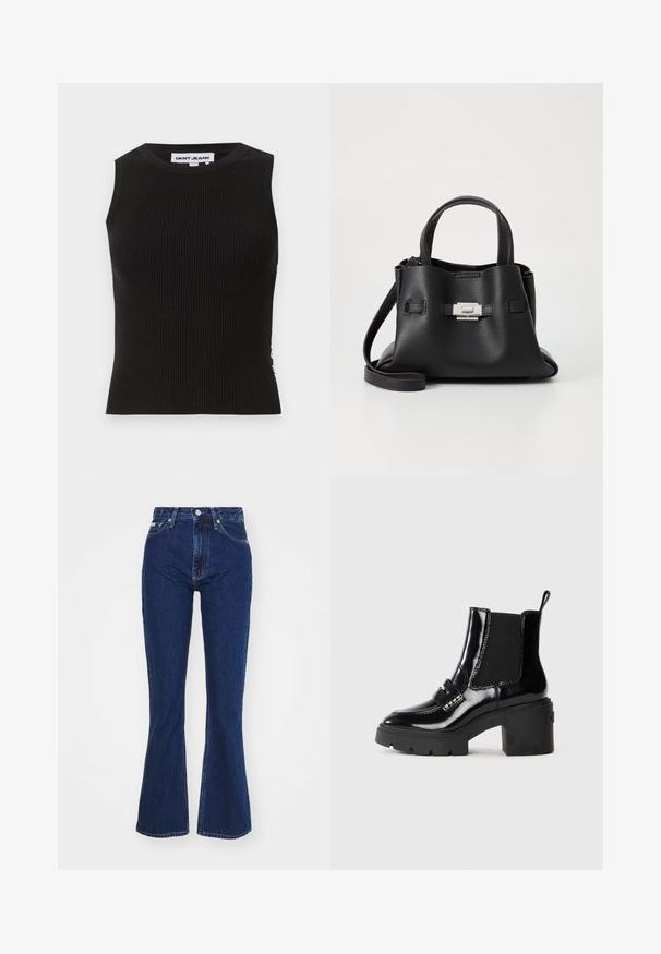 Črna rebrasta majica brez rokavov s krožnim izrezom, ki ima zategnjen kroj in subtilno teksturo. Rebrasti vzorec se razteza po celotni tkanini.; Temno modri široki kavbojki iz denim materiala, ki imajo visok pas, zadrgo in gumb za zapiranje ter pet žepov z rahlim učinkom obrabe.; Črne paten ankle čevlje z debelim peto, elastičnimi stranskimi paneli, dekorativno zanko in kontrastnim šivom. Gladka tekstura z sijajno površino.; Črna usnjena torbica z teksturirano površino, ki ima dva zgornja ročaja, odstranljiv ramenski trak in podrobnosti z srebrnim zapiranjem.