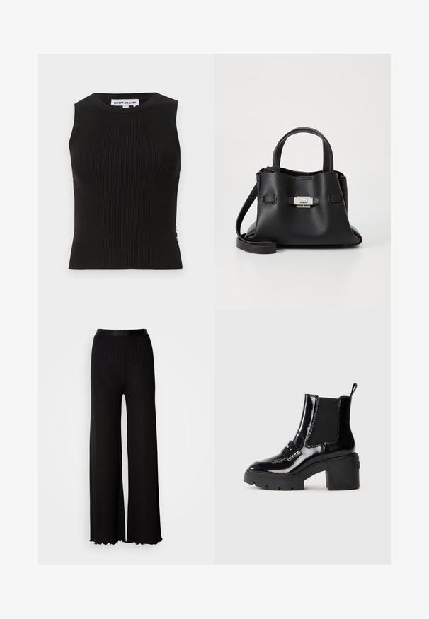 Top de alças preto com decote redondo, apresentando um design justo e uma textura subtil. As nervuras estendem-se por todo o tecido.; Calças largas pretas com uma cintura lisa, apresentando riscas verticais subtis e bainhas com bordas recortadas para adicionar textura e detalhe.; Bota ankle preta em verniz com um salto robusto, painéis laterais elásticos, tira decorativa e costura contrastante. Textura lisa com um acabamento brilhante.; Bolsa de mão de couro preto com um acabamento texturizado, apresentando duas alças superiores, uma alça de ombro destacável e um detalhe de fecho prateado.