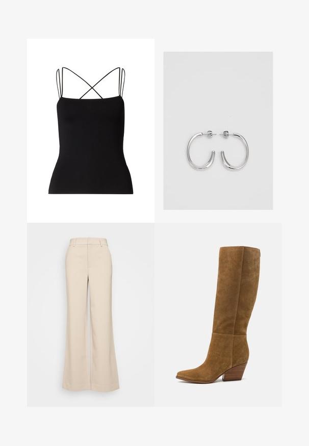 Samsøe Samsøe SANEHA - Top - black; Beige wide-leg trousers with a smooth texture, featuring a high waistband and two front pockets. Clean design with a tailored fit.; Guess CALLY - Cowboy/Biker boots - brown; Silver hoop earrings with a smooth, shiny finish. Rounded shape, lightweight design, featuring a post-back closure.