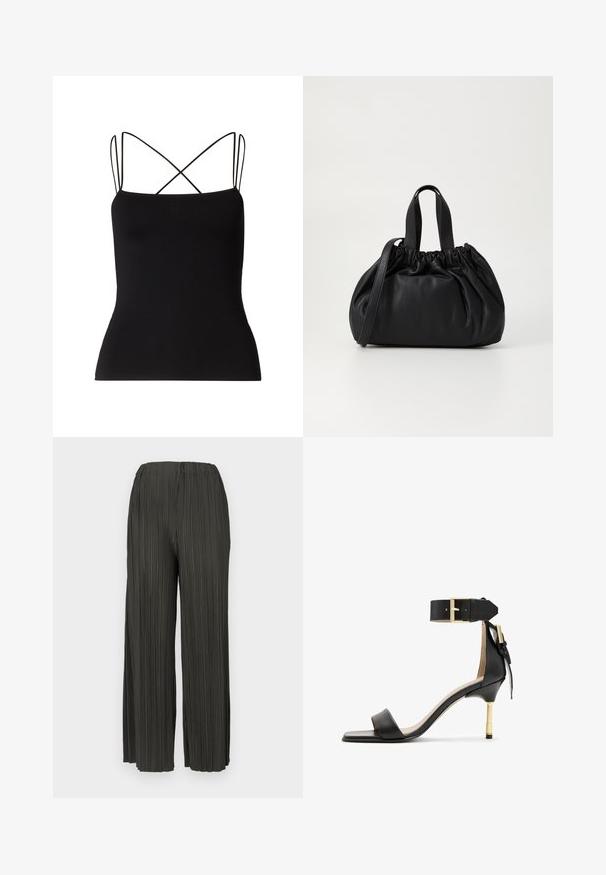 Samsøe Samsøe SANEHA - Top - black; Dark green pleated wide-leg pants with an elastic waistband, featuring vertical texture and a flowing, lightweight fabric.; Black leather heeled sandal with a square toe, ankle strap featuring a gold buckle, and a slender metallic heel. Smooth texture, minimalist design.; Black leather handbag with a gathered top design, featuring two short handles and a long adjustable strap. Smooth texture, rounded shape.
