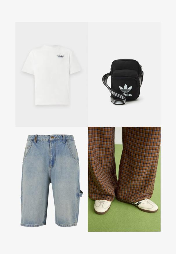 Bela bombažna majica s kratkimi rokavi, ki na zgornjem levem delu prsi nosi modro vezeno besedilo "Timberland Rugged Active Gear". Okrogla ovratnica.; Denim kratke hlače v svetlo modri barvi, z značilnim pet-pocket dizajnom, vidnimi šivi in stransko cargo žepom z zanko.; Rjave in modre kariraste hlače širokih nogavic, v kombinaciji z belimi čevlji, ki imajo črne poudarke in teksturirane podplate, na zeleni podlagi.; Črna tkaninska torbica čez ramo z zadrgo, ki vsebuje belo Adidasovo logo in pridelano naramnico z več črtami za enostavno nošenje.