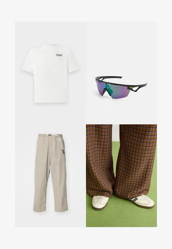 T-shirt en coton blanc avec un logo brodé bleu "Timberland Rugged Active Gear" sur le côté supérieur gauche de la poitrine. Manches courtes et col rond.; Manastash FLEX CLIMBER WIDE LEG - Pantalon classique - grey; Un pantalon large à carreaux marron et bleu associé à des chaussures blanches avec des accents noirs et des semelles texturées, le tout sur fond vert.; Lunettes de sport avec une monture noire, grandes verres dégradés aux teintes violettes et vertes, et des accents de design angulaires avec un détail de logo.