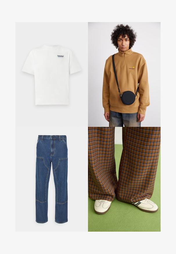 Balta kokvilnas T-kreklā ar zilu izšūtu "Timberland Rugged Active Gear" logo augšējā kreisajā krūtī. Īsie piedurknes un aplis kakla izgriezums.; Zilā džinsu bikses ar taisnu kāju, priekšējām kabatām un kontrastējošām šuvēm. Audumam ir klasiska tekstūra un apdare.; Brūni un zili rūtaini platās kājas bikses, kas savienotas ar baltām kurpēm ar melniem akcentiem un teksturētām zolēm, uz zaļa fona.; Bruzs brīvajā stilā ar apdrukātu logo, ar melnu apaļu plecu somu ar rāvējslēdzēju un logo detaļām, valkāts virs džinsiem.