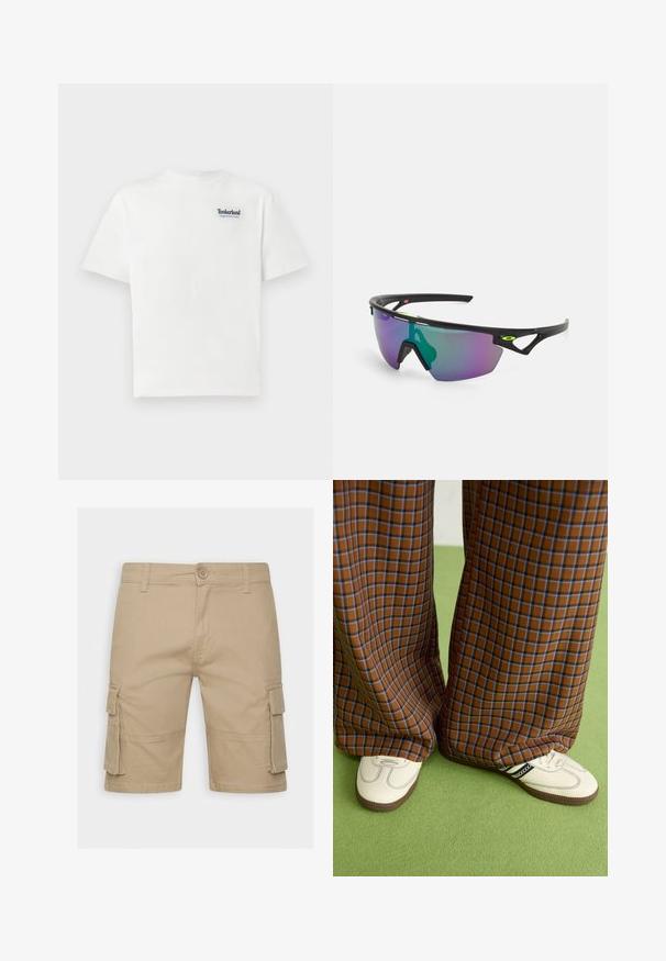 Bijela pamučna majica s plavim izvezenim logotipom "Timberland Rugged Active Gear" na gornjem lijevom dijelu prsnog koša. Kratki rukavi i okrugli izrez.; Bež šorcevi od lakog materijala. Funkcije uključuju bočne džepove, dugme za zatvaranje i ravni kroj s ušivenim detaljima.; Smeđe i plave karirane široke hlače uparene s bijelim cipelama s crnim akcentima i teksturiranim potplatom, na zelenoj pozadini.; Sportske sunčane naočale s crnim okvirom, velikim gradijentnim staklima u ljubičastim i zelenim nijansama, te kutnim dizajnerskim naglascima s logotipom.