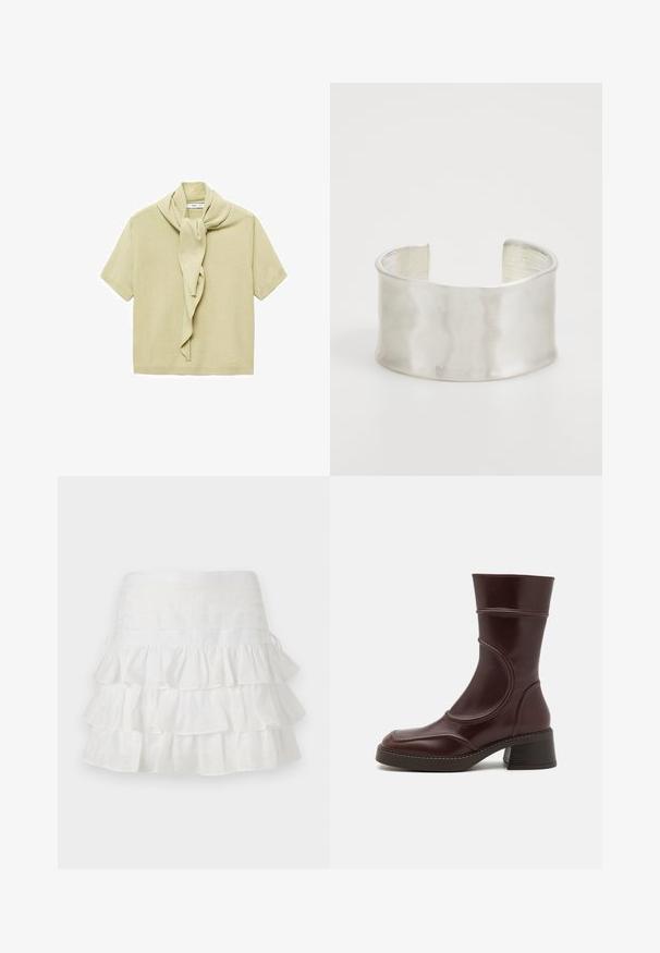 Maglietta a maniche corte in maglia beige chiaro con dettaglio di sciarpa attaccato che si adagia attorno al collo.; sandro JUPE - Minigonna - blanc; MIISTA MALENE  - Stivali con plateau - brown; Zign Bracciale - silver-coloured