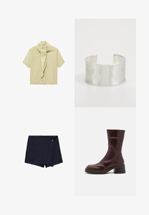 Ljusbeige kortärmad stickad topp med en ansluten scarfdetalj som hänger runt halsen.; Mörka denimshorts med en omslagdesign och en framknapp. Har en ren fåll och en slät textur.; MIISTA MALENE - Stövletter - brown; Zign Armband - silver-coloured