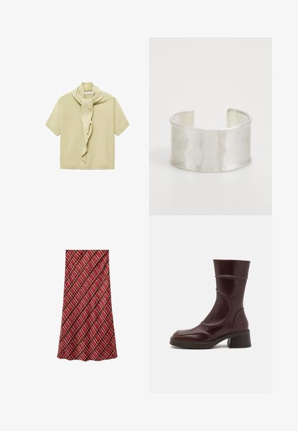 Lichtbeige korte mouwen gebreid top met een bevestigde sjaaldetail die rond de halslijn hangt.; Mango A-lijn rok - bordeaux; MIISTA MALENE  - Plateaulaarzen - brown; Zign Armband - silver-coloured