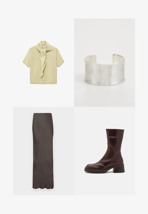 Jasno beżowy, krótkoszeregowy top dziany z dołączonym detalem w postaci szala opasanego wokół dekoltu.; Brązowa satynowa spódnica do ziemi o dopasowanym kroju i gładkiej fakturze. Posiada subtelny połysk i brak widocznych wzorów lub ozdób.; MIISTA MALENE brązowy; Zign - Bransoletka