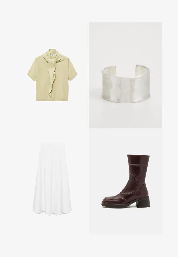 Jasno beżowy, krótkoszeregowy top dziany z dołączonym detalem w postaci szala opasanego wokół dekoltu.; Mango POPPLIN-A biały; MIISTA MALENE brązowy; Zign - Bransoletka