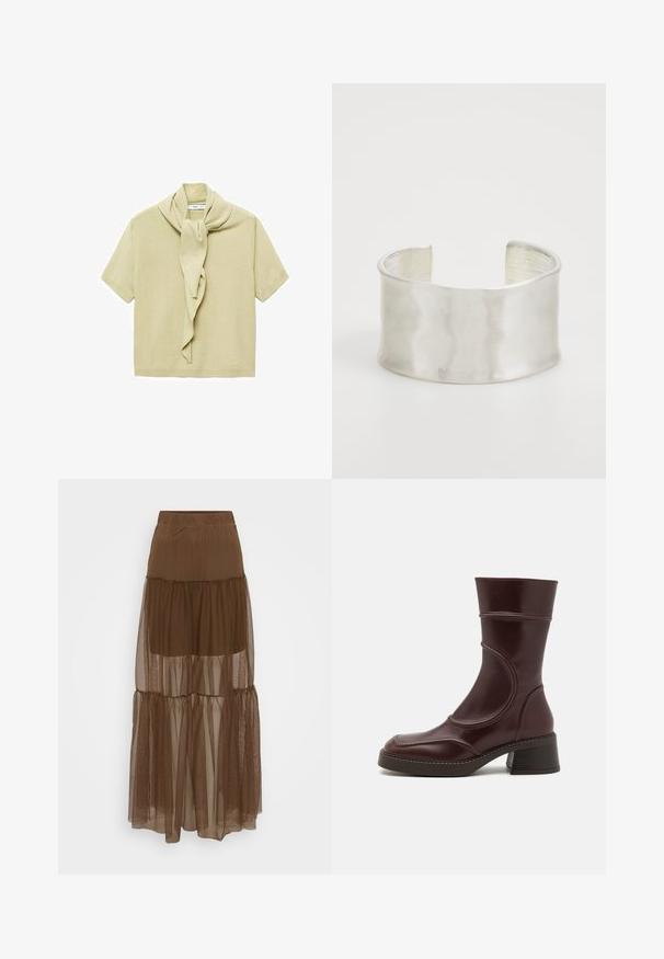 Top de punto cortos de manga en color beis claro con detalle de bufanda adjunta drapeada alrededor del escote.; Falda marrón de capas con una superposición de malla texturizada y cinturilla elástica. Presenta tres capas de tela translúcida, que ofrecen una silueta fluida.; MIISTA MALENE - Botines - brown; Zign Pulsera - silver-coloured