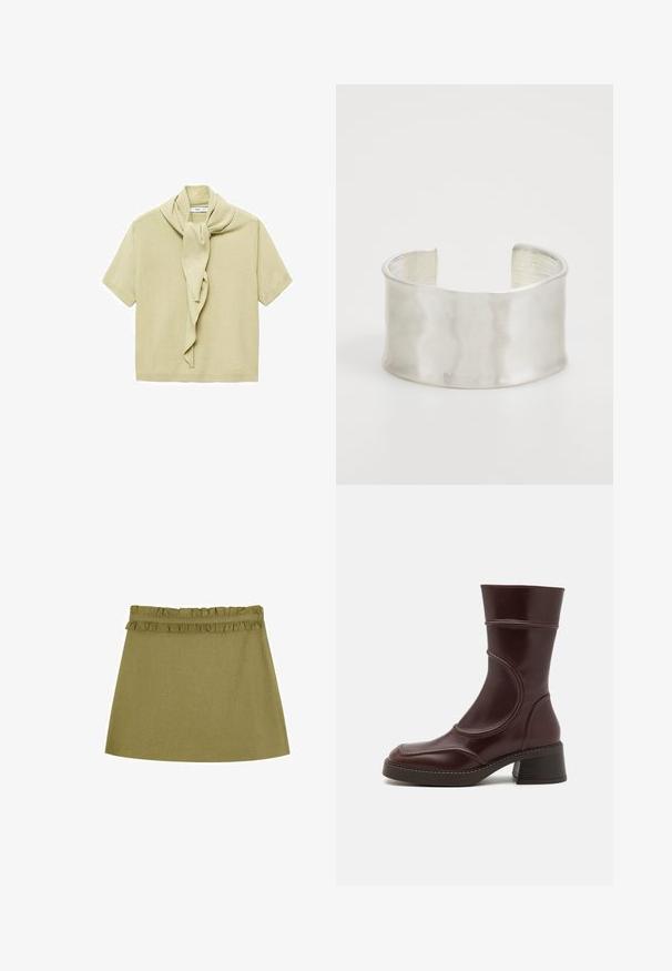 T-shirt en tricot beige clair à manches courtes avec un soin attaché drapé autour de l'encolure.; Jupe vert olive en coton, avec une taille froncée et une silhouette évasée. Texture lisse, longueur mi-cuisse.; MIISTA MALENE - Bottines - brown; Zign Bracelet - silver-coloured