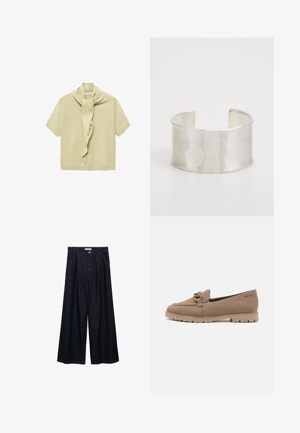 Lichtbeige korte mouwen gebreid top met een bevestigde sjaaldetail die rond de halslijn hangt.; Donkerdenim wijde-broek met een hoge taille, voorzien van een sluiting met knoop aan de voorkant, twee zijzakken en stikdetails.; Tamaris Instappers - taupe; Zign Armband - silver-coloured