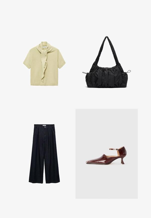 Svetlo béžový krátky rukáv sveter s pripojeným detailom šálu, ktorý je voľne obviazaný okolo krku.; Tmavé denim široké nohavice s vysokým pásom, vybavené predným zapínaním na gombík, dvoma bočnými vreckami a detailmi šitia.; Burgundské lakované topánky s úzkou špicou, remienkom okolo členku a 5 cm zúženým opätkom. Hladký povrch a minimalistický dizajn.; Čierna textilná taška so zhrnutou textúrou, dvoma ramennými popruhmi a sťahovacím uzáverom na stranách. Hladký, ľahký materiál.