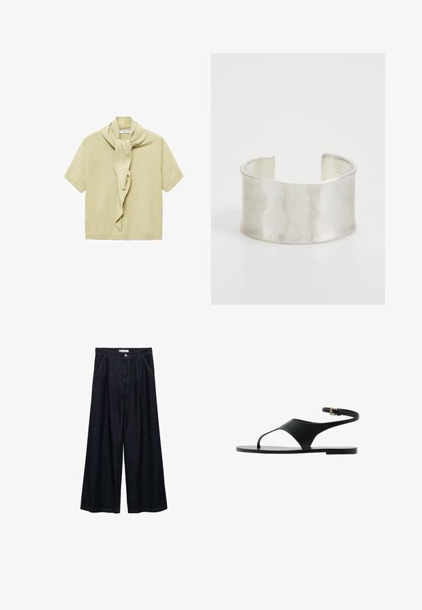 Světle béžový krátký rukáv pletený top s připevněným šátkem, který visí kolem výstřihu.; Tmavě modré široké kalhoty s vysokým pasem, které mají zapínání na přední knoflík, dvě boční kapsy a švy.; Černé ploché sandály s minimalistickým designem, s jedním popruhem a přezkou na kotníku. Vyrobené z hladkého materiálu, s plochou podrážkou.; Zign Náramek - silver-coloured