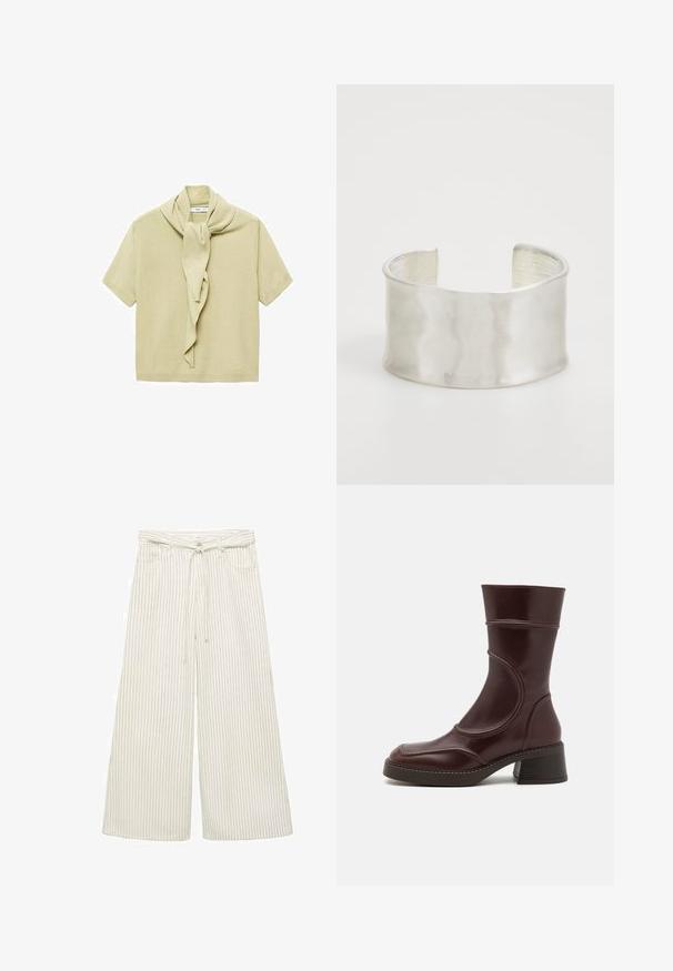 Light beige short-sleeve knit top with attached scarf detail draped around the neckline.; Wide-leg trousers in off-white fabric with vertical stripes. Features a belted waist and a soft texture. Includes front pockets.; MIISTA MALENE - Classic ankle boots - brown; Zign Bracelet - silver-coloured