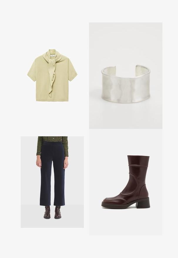 Svetlo béžový krátky rukáv sveter s pripojeným detailom šálu, ktorý je voľne obviazaný okolo krku.; Žena v nohaviciach so širokými nohavicami a vysokým pásom námorníckej modrej farby, s ryhovanou textúrou, v kombinácii s tmavohnedými členkovými topánkami a vzorovanou košeľou.; MIISTA MALENE - Klasické členkové čižmy - brown; Zign Náramok - silver-coloured