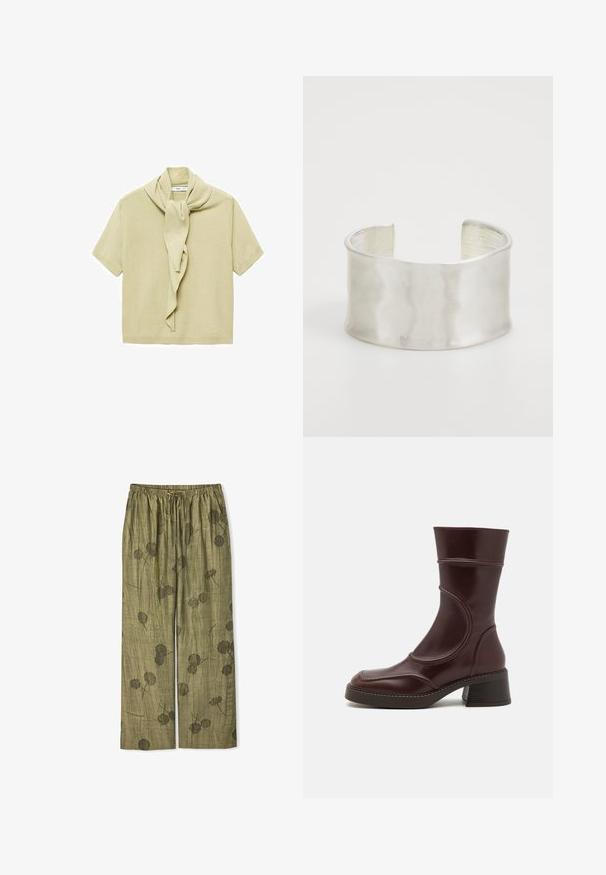 T-shirt en tricot beige clair à manches courtes avec un soin attaché drapé autour de l'encolure.; Pantalon large vert en tissu texturé, orné d'un imprimé floral dans des tons de vert plus foncé et d'une taille élastique avec cordon de serrage.; MIISTA MALENE - Bottines - brown; Zign Bracelet - silver-coloured