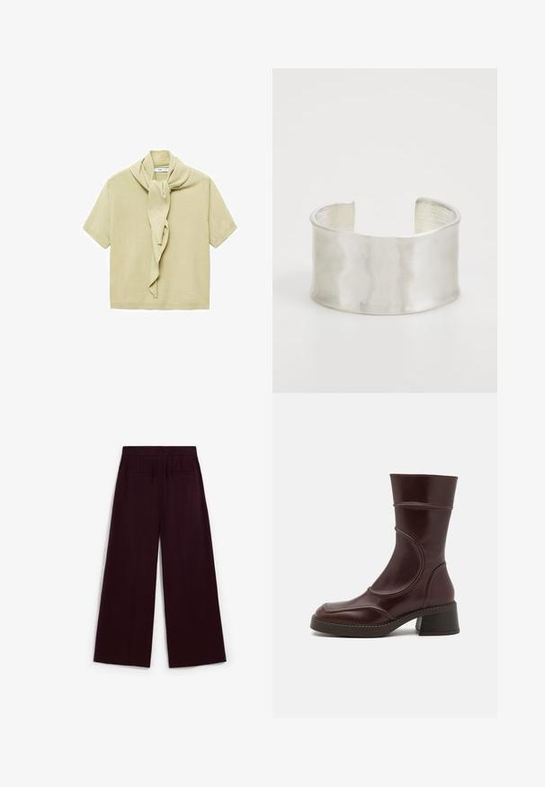 Light beige short-sleeve knit top with attached scarf detail draped around the neckline.; Wide-leg trousers in deep burgundy, featuring a smooth texture, two back pockets, and a flat waistband.; MIISTA MALENE - Classic ankle boots - brown; Zign Bracelet - silver-coloured