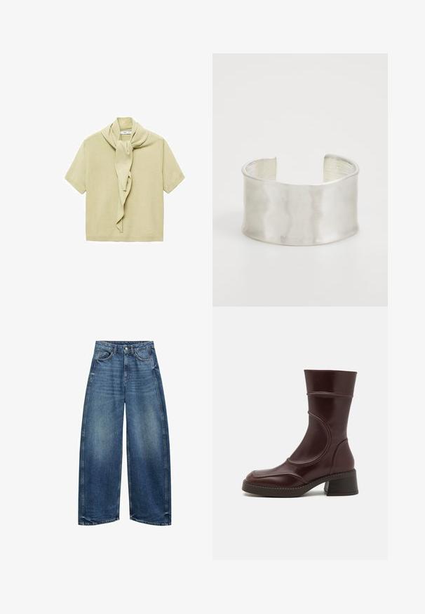 Cămașă tricotată scurtă, de culoare bej deschis, cu detaliu de eșarfă atașat, care se drapează în jurul gâtului.; Jeans din denim albastru cu picioare largi, talie înaltă, tiv terminat și design clasic cu cinci buzunare. Materialul are o spălare ușor decolorată.; MIISTA MALENE - Botine clasice - brown; Zign Brăţară - silver-coloured