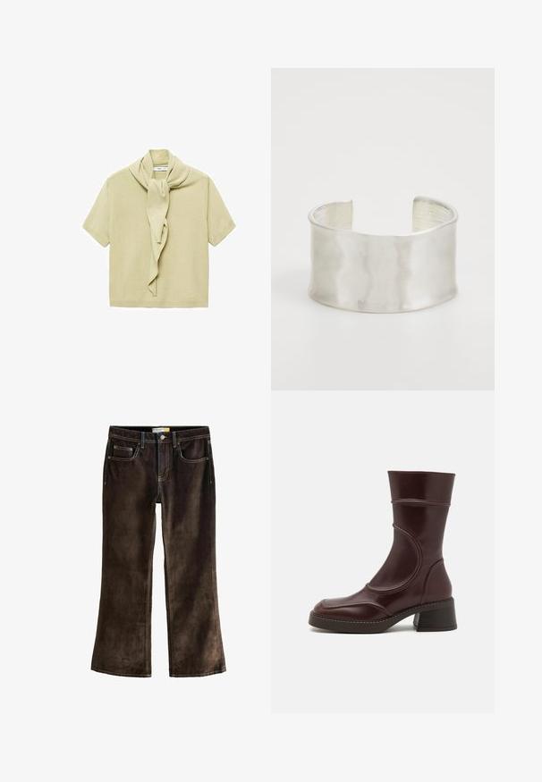 Světle béžový krátký rukáv pletený top s připevněným šátkem, který visí kolem výstřihu.; Hnědé kordové jeansy bootcut s kontrastním žlutým prošíváním, pěti kapsami a knoflíkovým zapínáním v pase.; MIISTA MALENE - Kotníkové boty - brown; Zign Náramek - silver-coloured