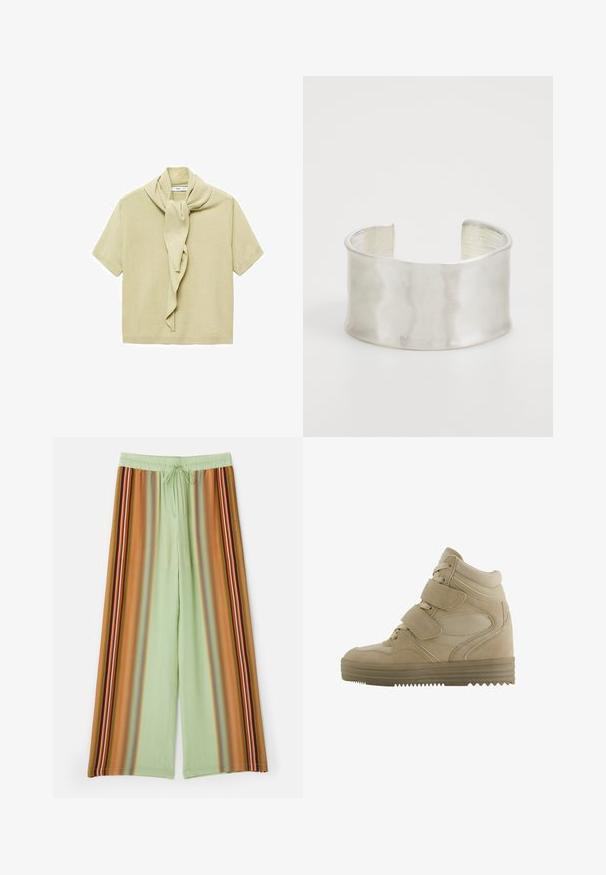 Svetlo béžový krátky rukáv sveter s pripojeným detailom šálu, ktorý je voľne obviazaný okolo krku.; Roverové nohavice zo svetlozeleného materiálu s vertikálnymi prúžkami v hnedej, oranžovej a viacfarebných akcentoch. Elastický pás s šnúrkou.; Béžové vysoké tenisky s designom z semišu a sieťoviny, nastaviteľné suché zipsy a hrubá gumová podrážka s cik-cak vzorom.; Zign Náramok - silver-coloured