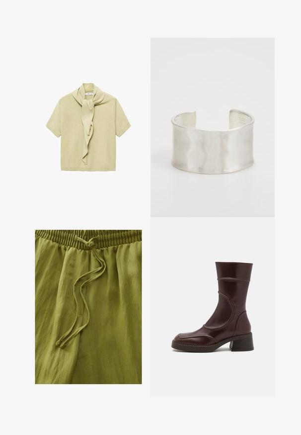 T-shirt en tricot beige clair à manches courtes avec un soin attaché drapé autour de l'encolure.; Pantalons vert olive en tissu léger. Présentent une taille élastique avec cordon de serrage. Texture lisse avec un drapé doux.; MIISTA MALENE - Bottines - brown; Zign Bracelet - silver-coloured