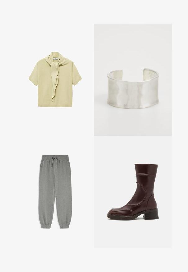 Lichtbeige korte mouwen gebreid top met een bevestigde sjaaldetail die rond de halslijn hangt.; Grijze sweats met een taps toelopend ontwerp, elastische tailleband en trekkoord, voorzien van zijzakken en elastische boorden bij de enkels.; MIISTA MALENE - Lage laarzen - brown; Zign Armband - silver-coloured