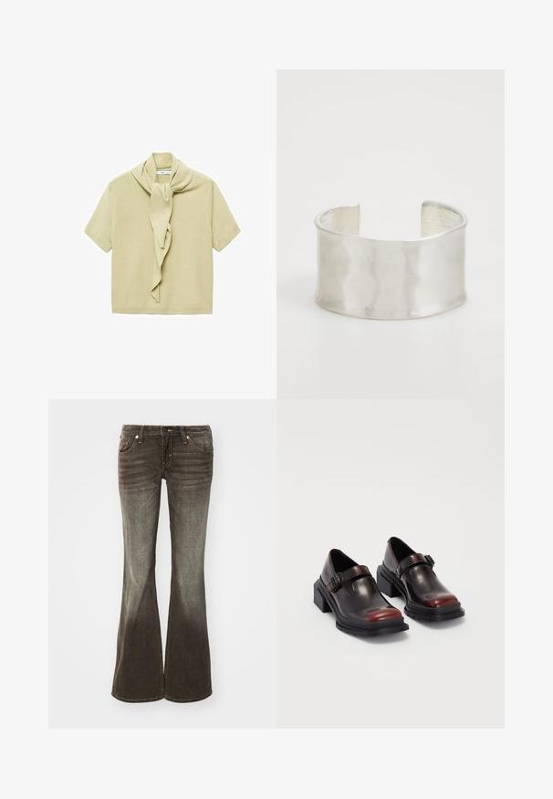 T-shirt en tricot beige clair à manches courtes avec un soin attaché drapé autour de l'encolure.; Jean évasé en tissu gris foncé avec une finition délavée. Comprend cinq poches, une fermeture à bouton à l'avant et des détails de couture subtils.; Chaussures à talons carrés en cuir avec une finition bordeaux foncé brillante, dotées d'une sangle avec boucle et d'un design à bout arrondi. Semelle texturée pour une meilleure adhérence.; Zign Bracelet - silver-coloured